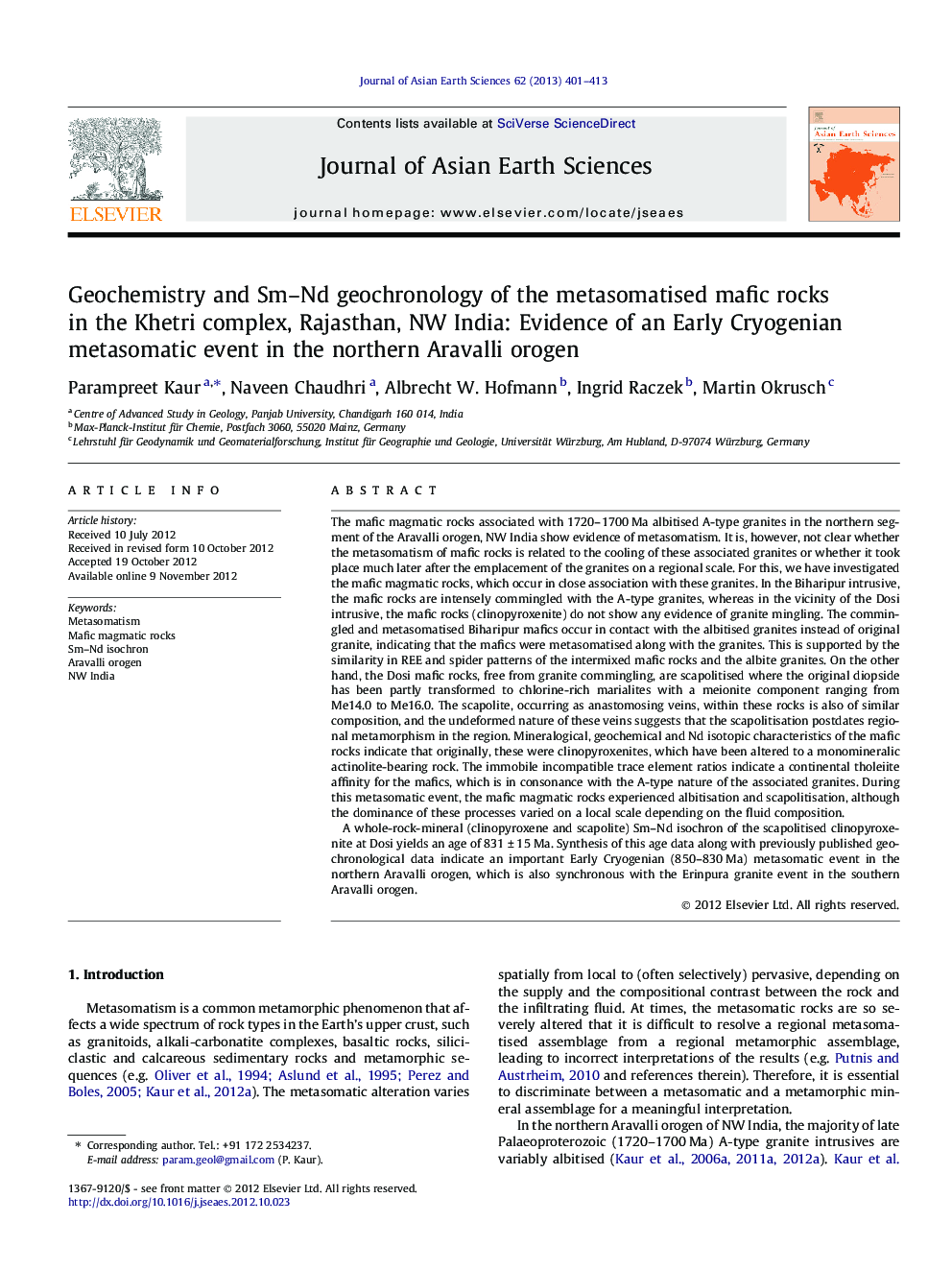 Geochemistry and Sm–Nd geochronology of the metasomatised mafic rocks in the Khetri complex, Rajasthan, NW India: Evidence of an Early Cryogenian metasomatic event in the northern Aravalli orogen