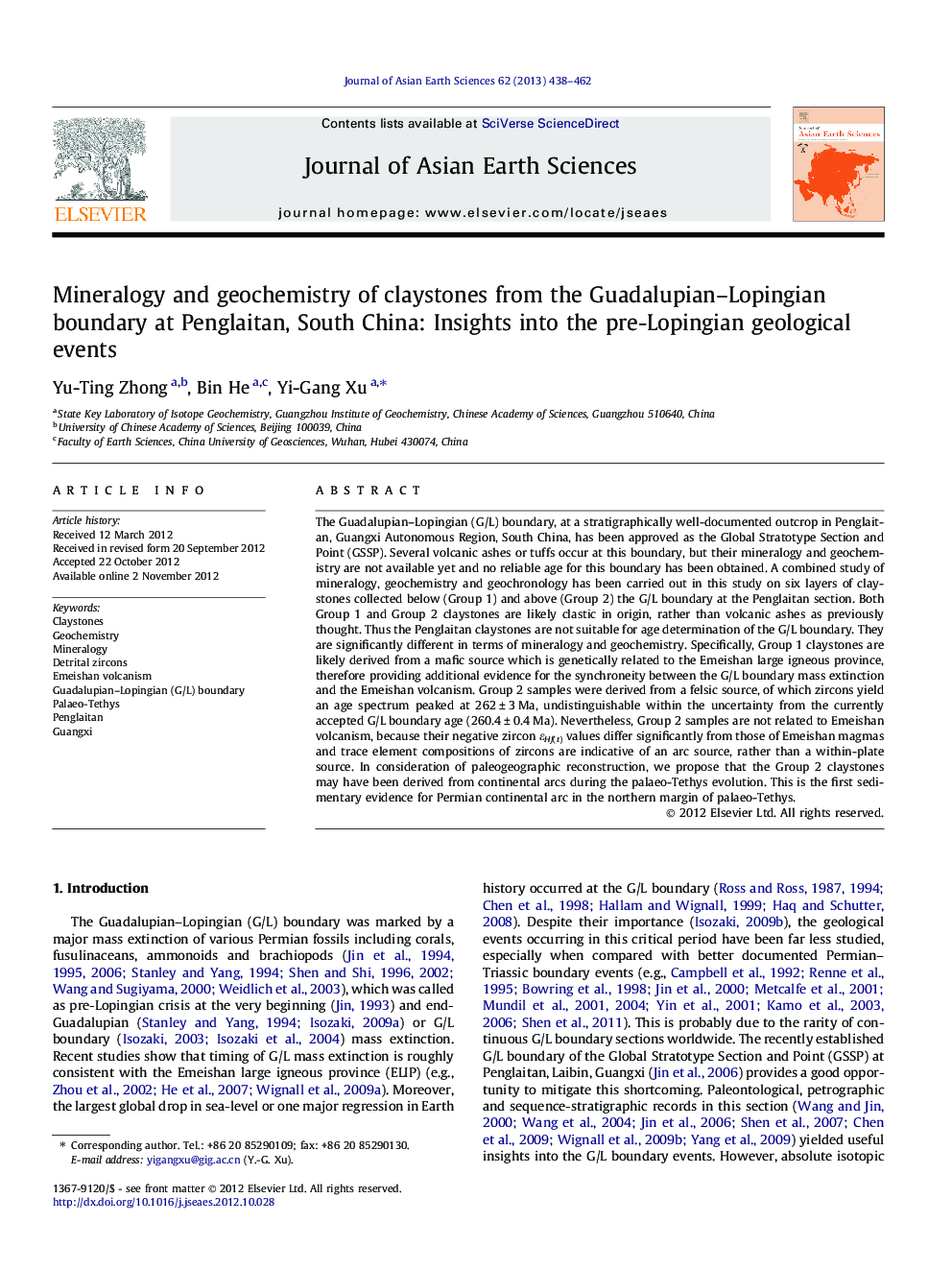 Mineralogy and geochemistry of claystones from the Guadalupian–Lopingian boundary at Penglaitan, South China: Insights into the pre-Lopingian geological events