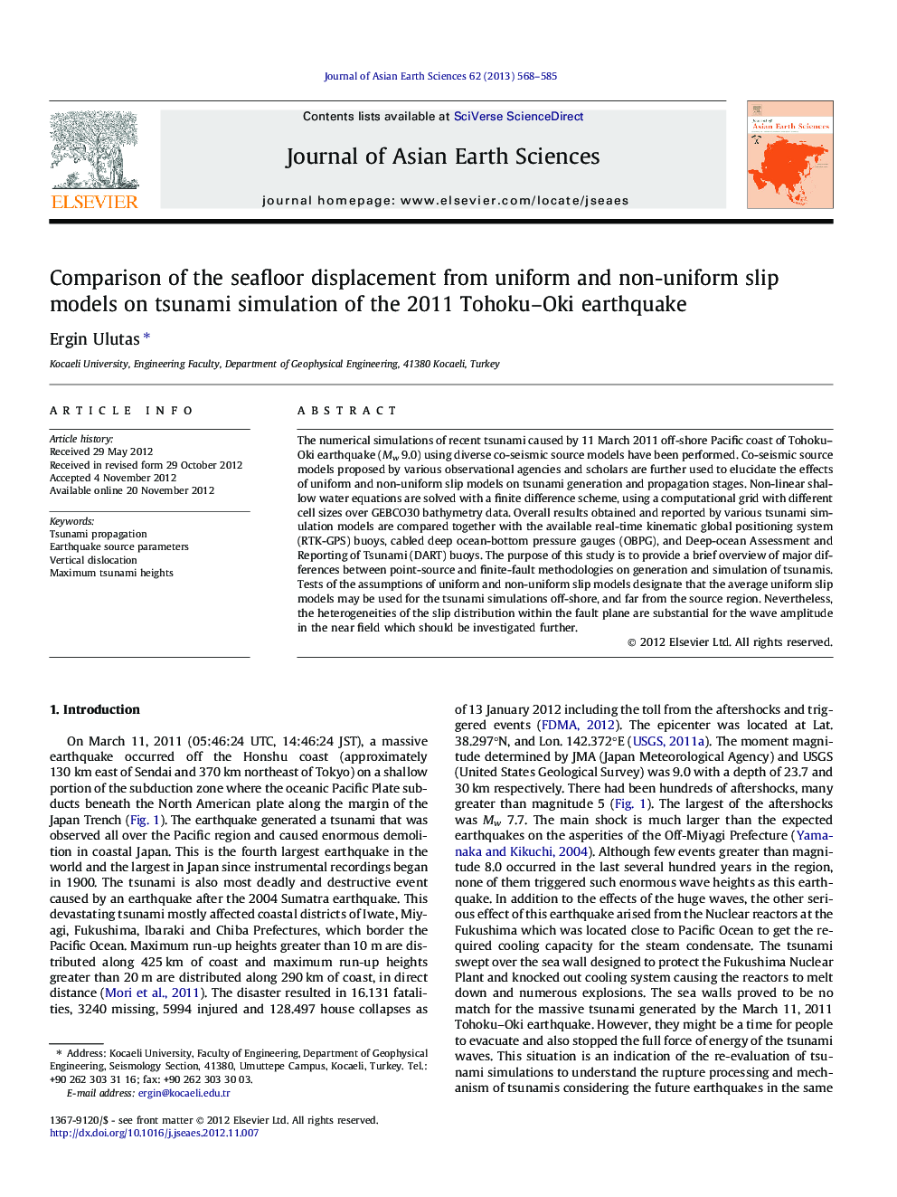 Comparison of the seafloor displacement from uniform and non-uniform slip models on tsunami simulation of the 2011 Tohoku-Oki earthquake