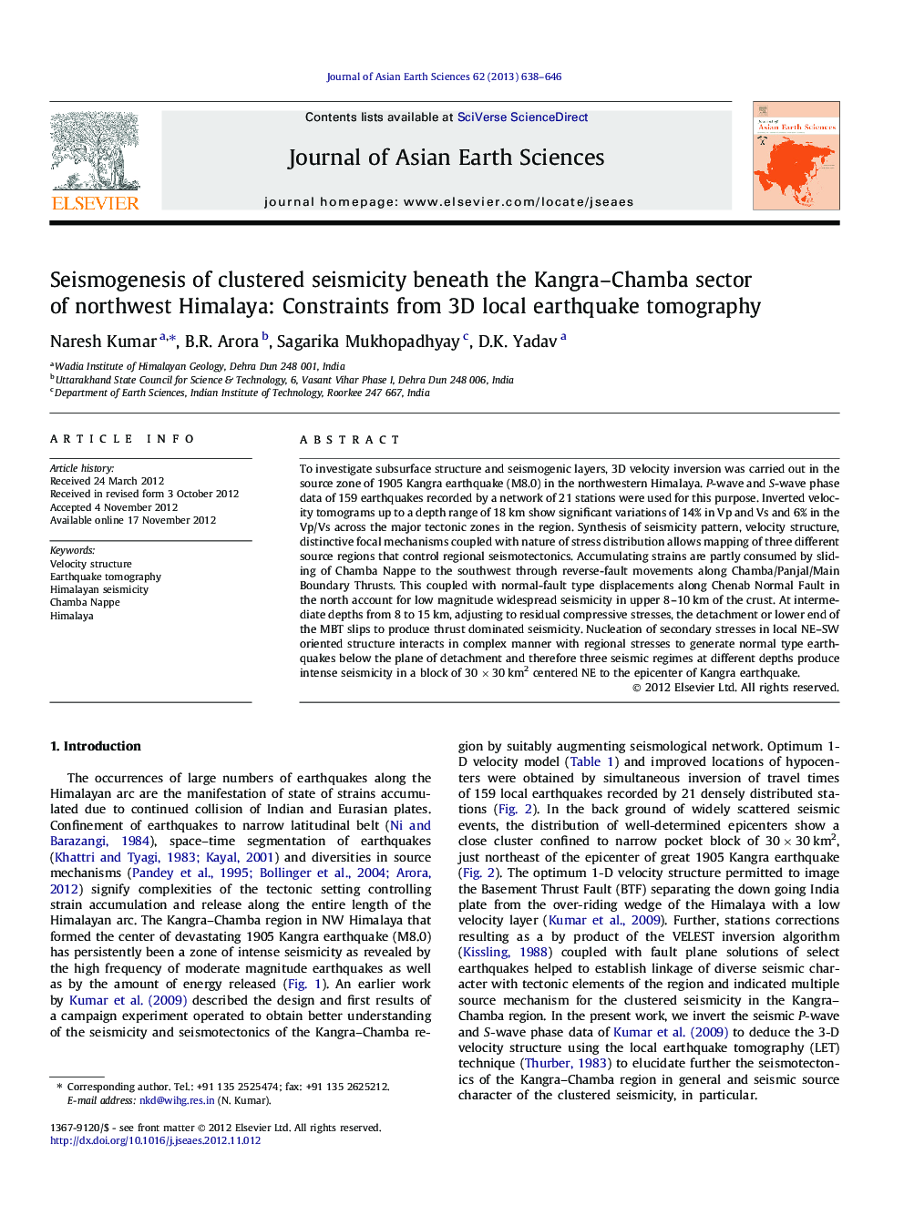 Seismogenesis of clustered seismicity beneath the Kangra–Chamba sector of northwest Himalaya: Constraints from 3D local earthquake tomography