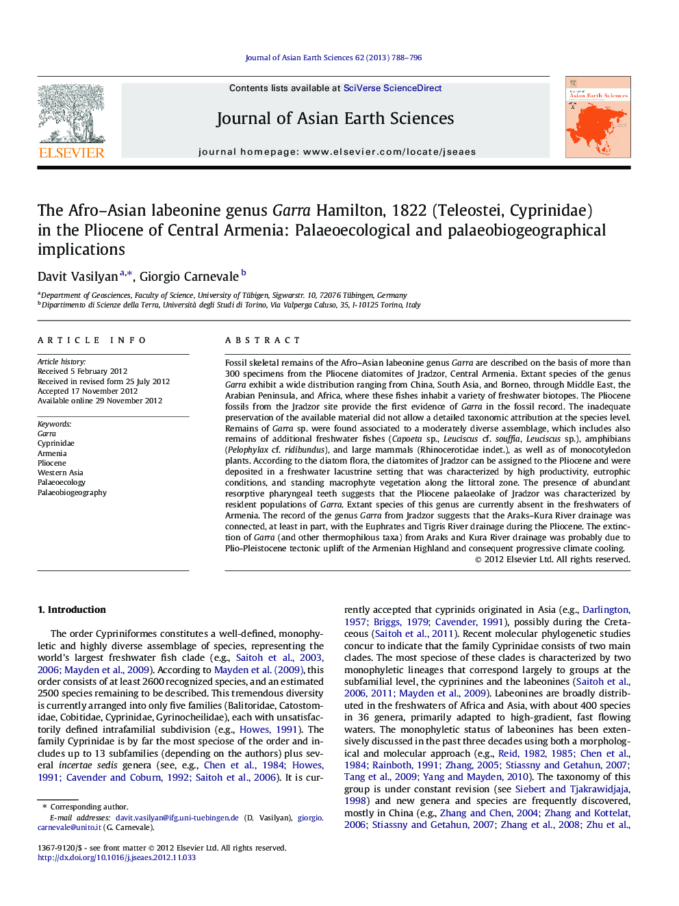 The Afro–Asian labeonine genus Garra Hamilton, 1822 (Teleostei, Cyprinidae) in the Pliocene of Central Armenia: Palaeoecological and palaeobiogeographical implications