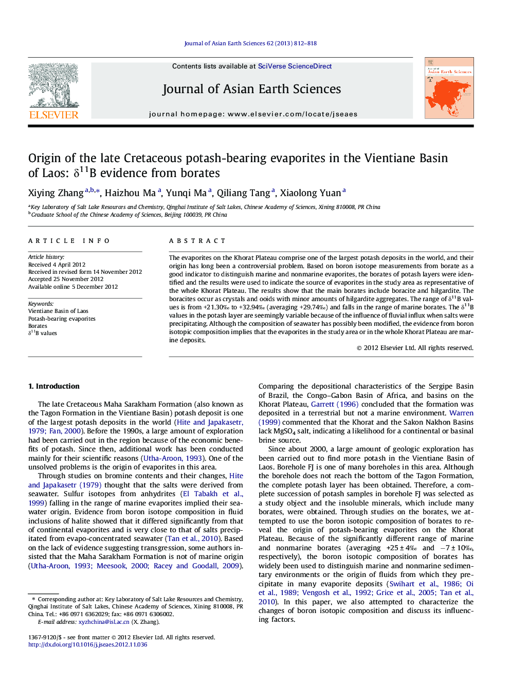 Origin of the late Cretaceous potash-bearing evaporites in the Vientiane Basin of Laos: δ11B evidence from borates