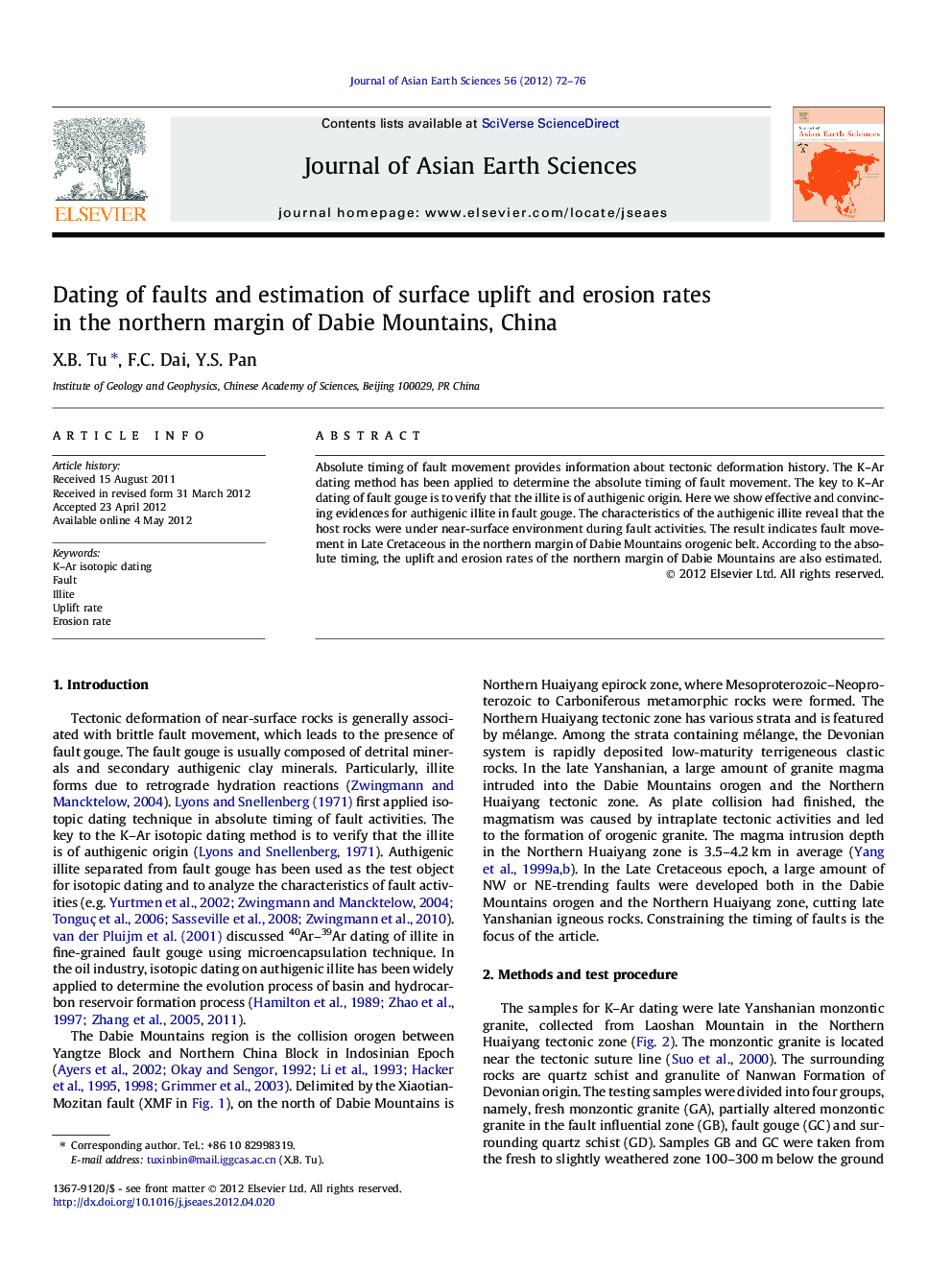 Dating of faults and estimation of surface uplift and erosion rates in the northern margin of Dabie Mountains, China