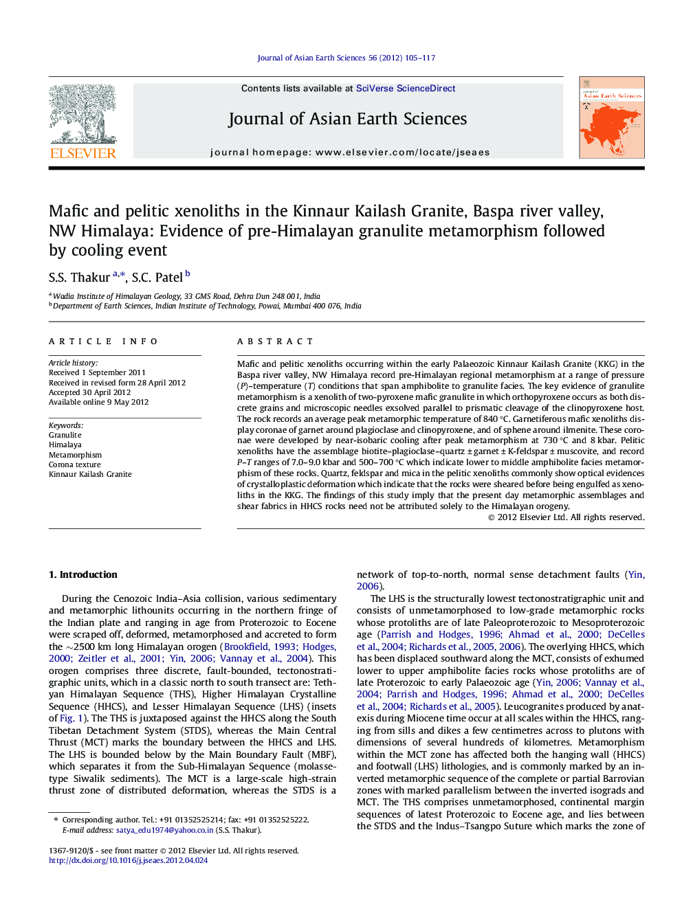 Mafic and pelitic xenoliths in the Kinnaur Kailash Granite, Baspa river valley, NW Himalaya: Evidence of pre-Himalayan granulite metamorphism followed by cooling event