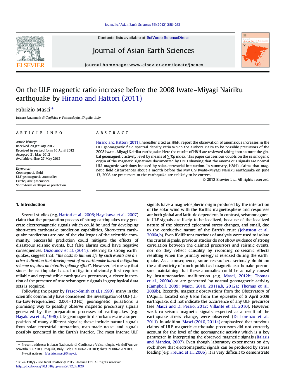 On the ULF magnetic ratio increase before the 2008 Iwate–Miyagi Nairiku earthquake by Hirano and Hattori (2011)