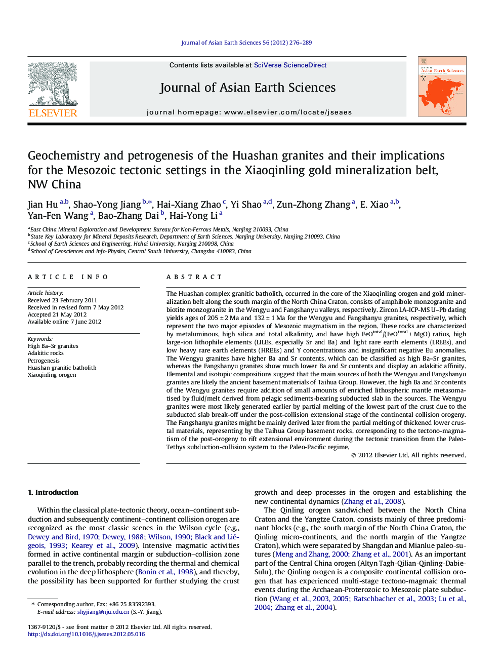 Geochemistry and petrogenesis of the Huashan granites and their implications for the Mesozoic tectonic settings in the Xiaoqinling gold mineralization belt, NW China