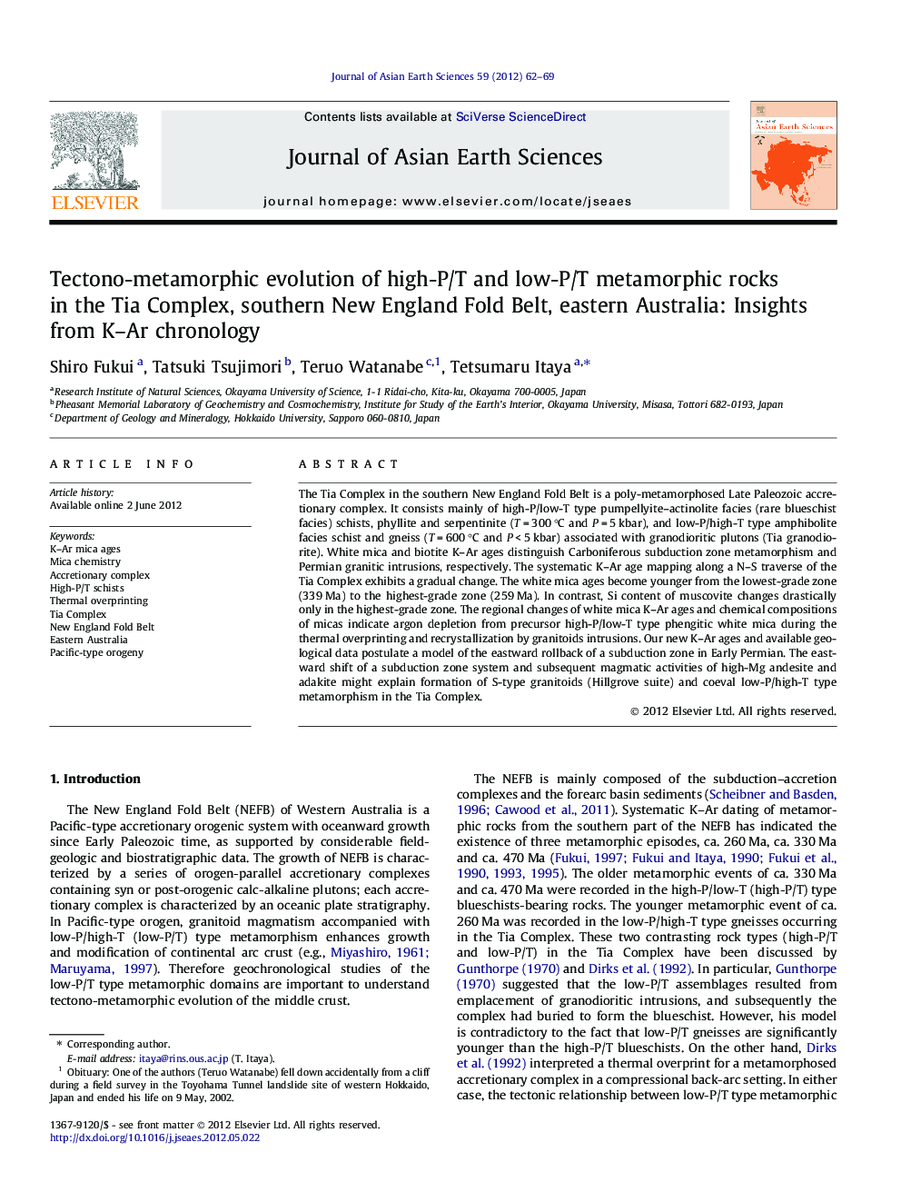 Tectono-metamorphic evolution of high-P/T and low-P/T metamorphic rocks in the Tia Complex, southern New England Fold Belt, eastern Australia: Insights from K–Ar chronology