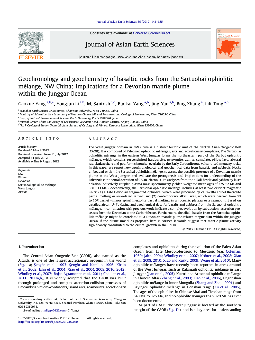 Geochronology and geochemistry of basaltic rocks from the Sartuohai ophiolitic mélange, NW China: Implications for a Devonian mantle plume within the Junggar Ocean