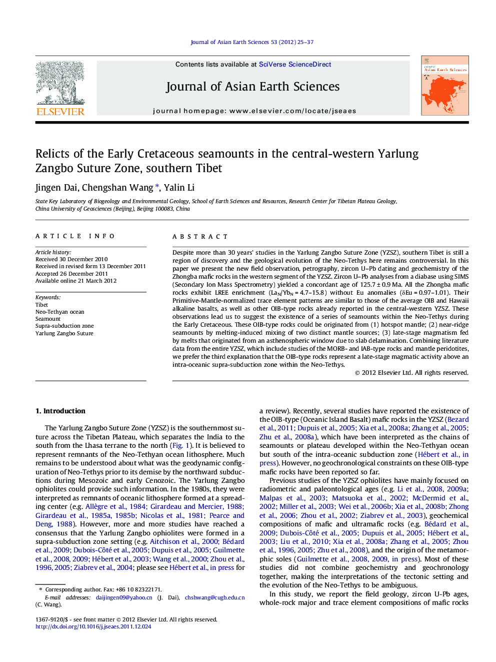 Relicts of the Early Cretaceous seamounts in the central-western Yarlung Zangbo Suture Zone, southern Tibet