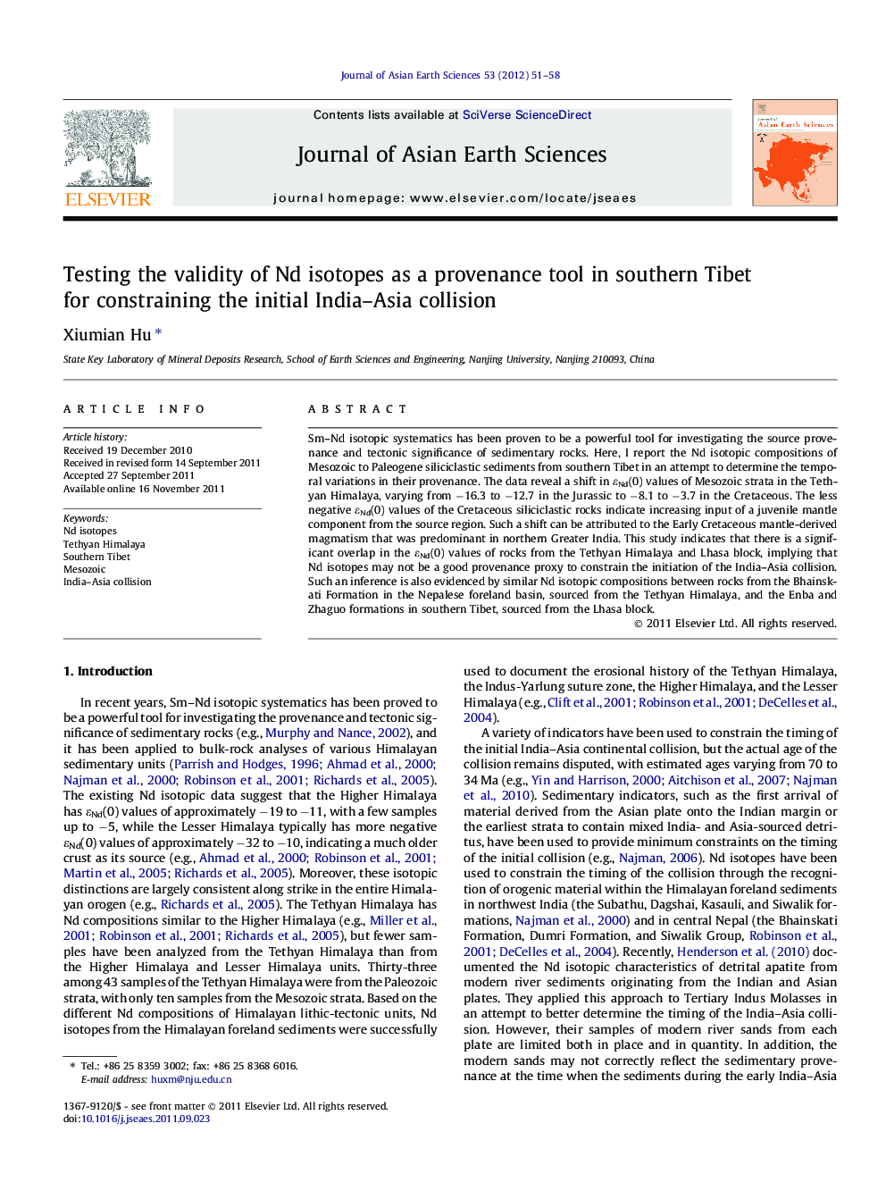 Testing the validity of Nd isotopes as a provenance tool in southern Tibet for constraining the initial India-Asia collision