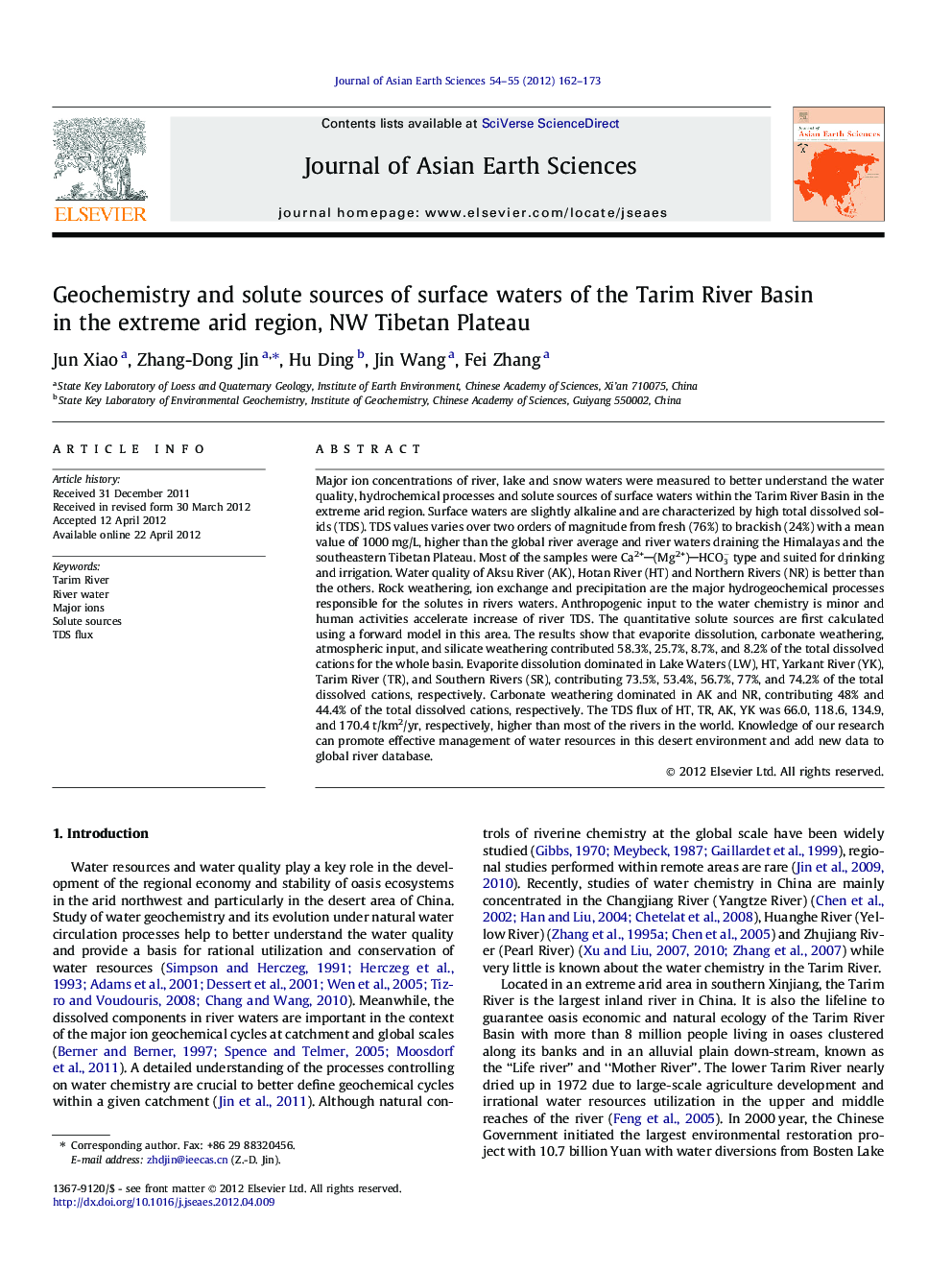 Geochemistry and solute sources of surface waters of the Tarim River Basin in the extreme arid region, NW Tibetan Plateau