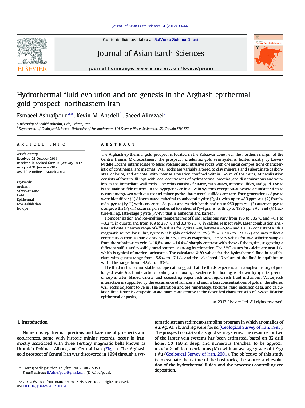 Hydrothermal fluid evolution and ore genesis in the Arghash epithermal gold prospect, northeastern Iran