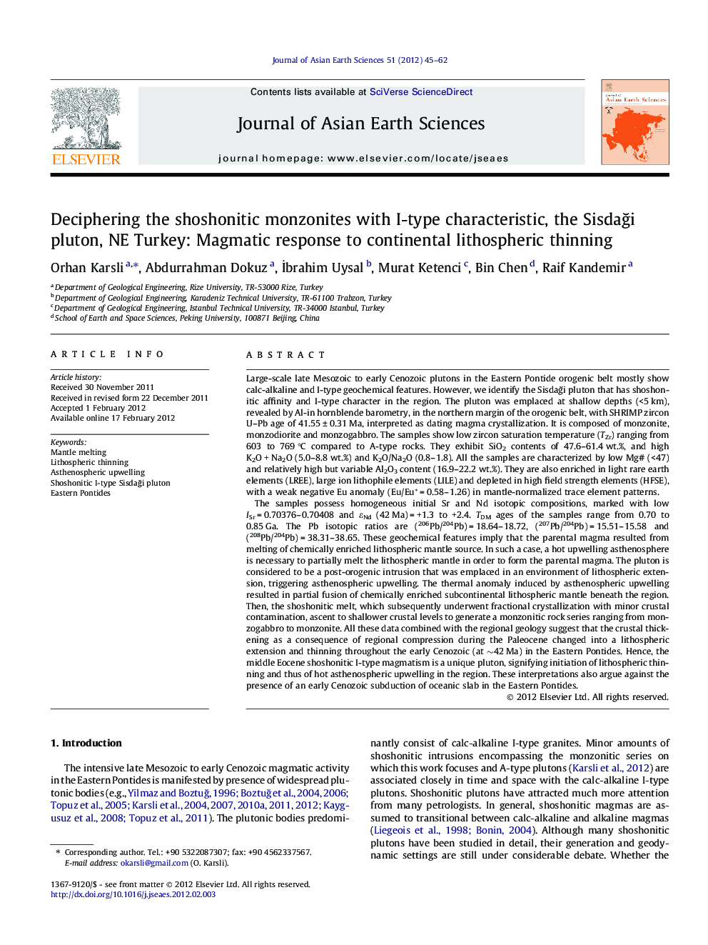 Deciphering the shoshonitic monzonites with I-type characteristic, the Sisdaği pluton, NE Turkey: Magmatic response to continental lithospheric thinning