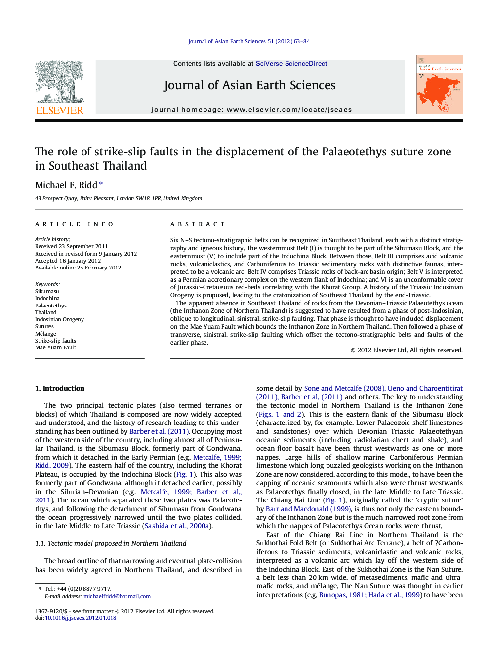 The role of strike-slip faults in the displacement of the Palaeotethys suture zone in Southeast Thailand