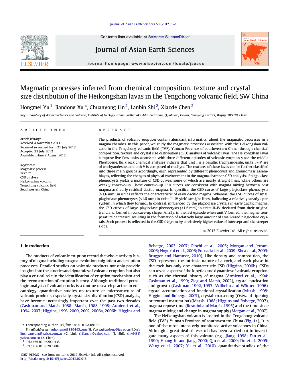 Magmatic processes inferred from chemical composition, texture and crystal size distribution of the Heikongshan lavas in the Tengchong volcanic field, SW China