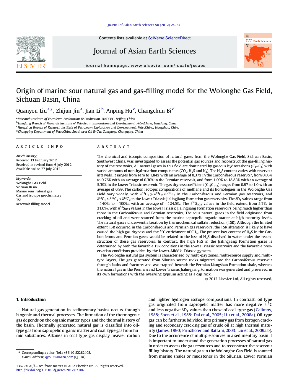 Origin of marine sour natural gas and gas-filling model for the Wolonghe Gas Field, Sichuan Basin, China