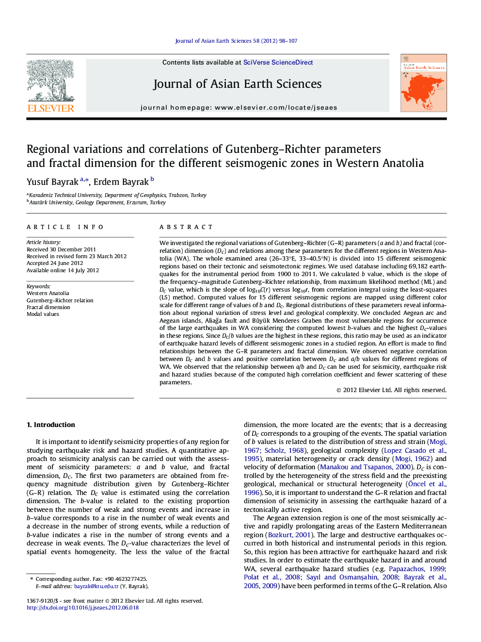 Regional variations and correlations of Gutenberg–Richter parameters and fractal dimension for the different seismogenic zones in Western Anatolia