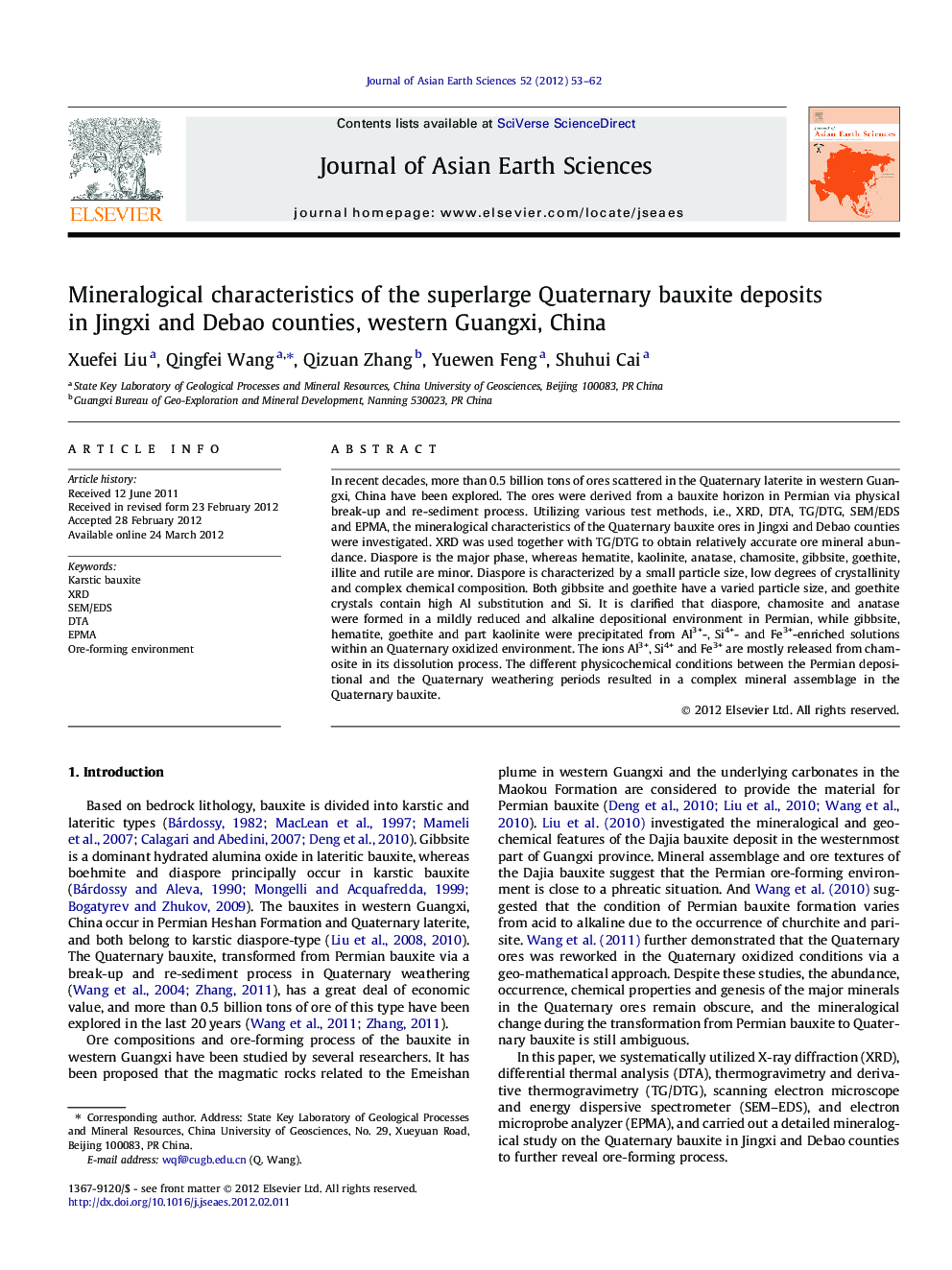 Mineralogical characteristics of the superlarge Quaternary bauxite deposits in Jingxi and Debao counties, western Guangxi, China