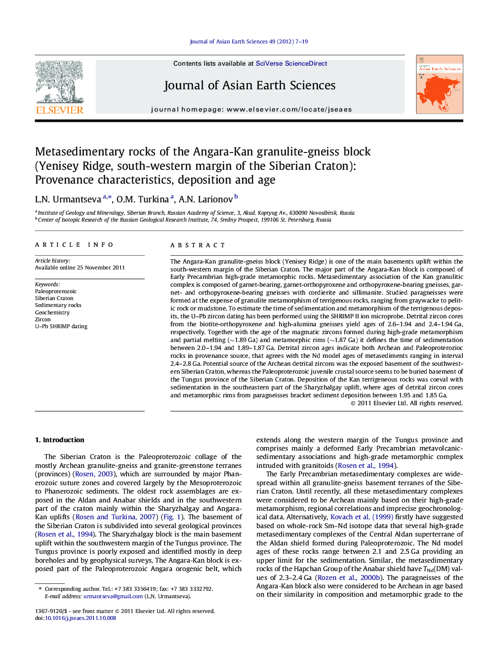 Metasedimentary rocks of the Angara-Kan granulite-gneiss block (Yenisey Ridge, south-western margin of the Siberian Craton): Provenance characteristics, deposition and age