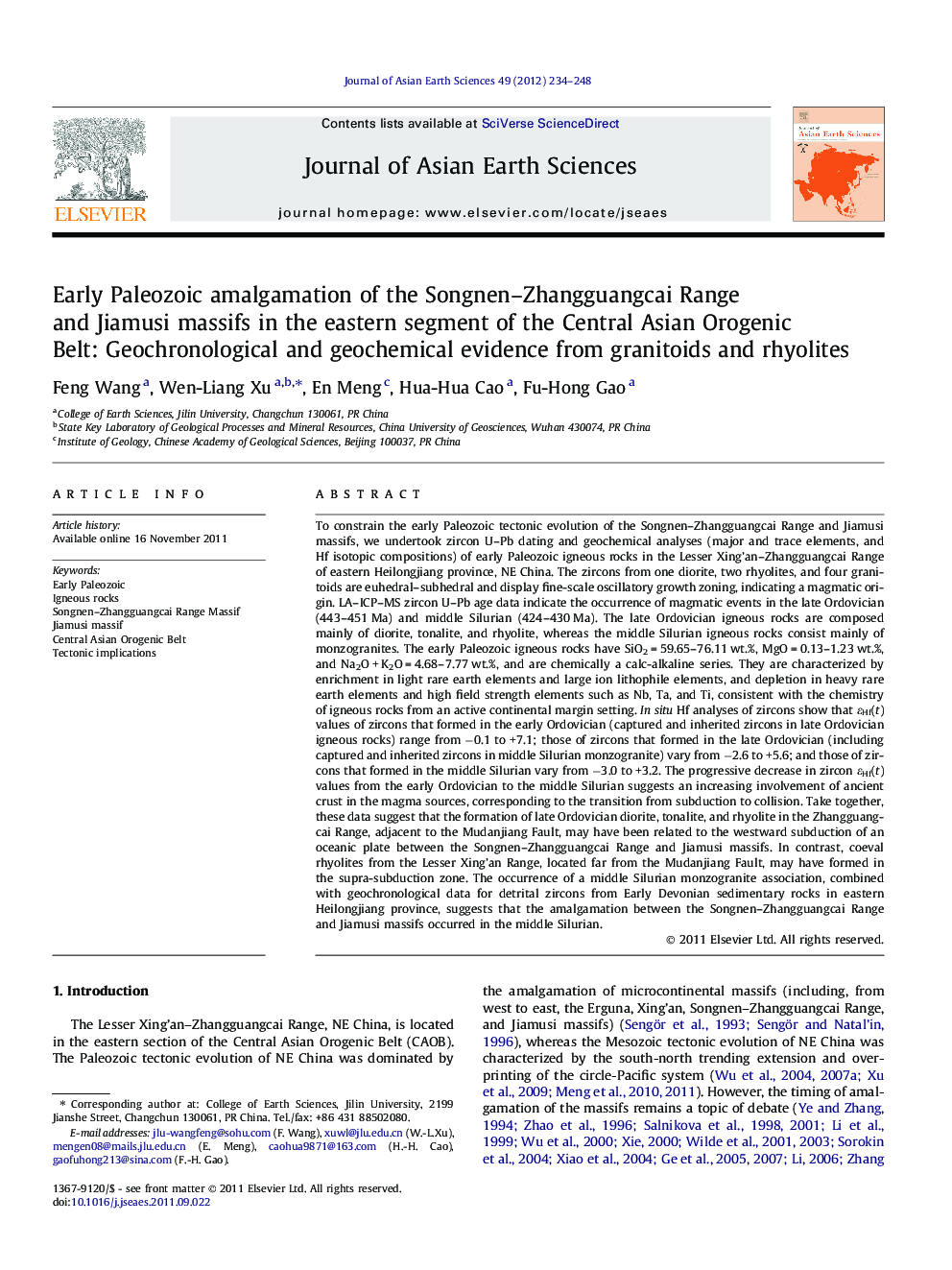 Early Paleozoic amalgamation of the Songnen–Zhangguangcai Range and Jiamusi massifs in the eastern segment of the Central Asian Orogenic Belt: Geochronological and geochemical evidence from granitoids and rhyolites