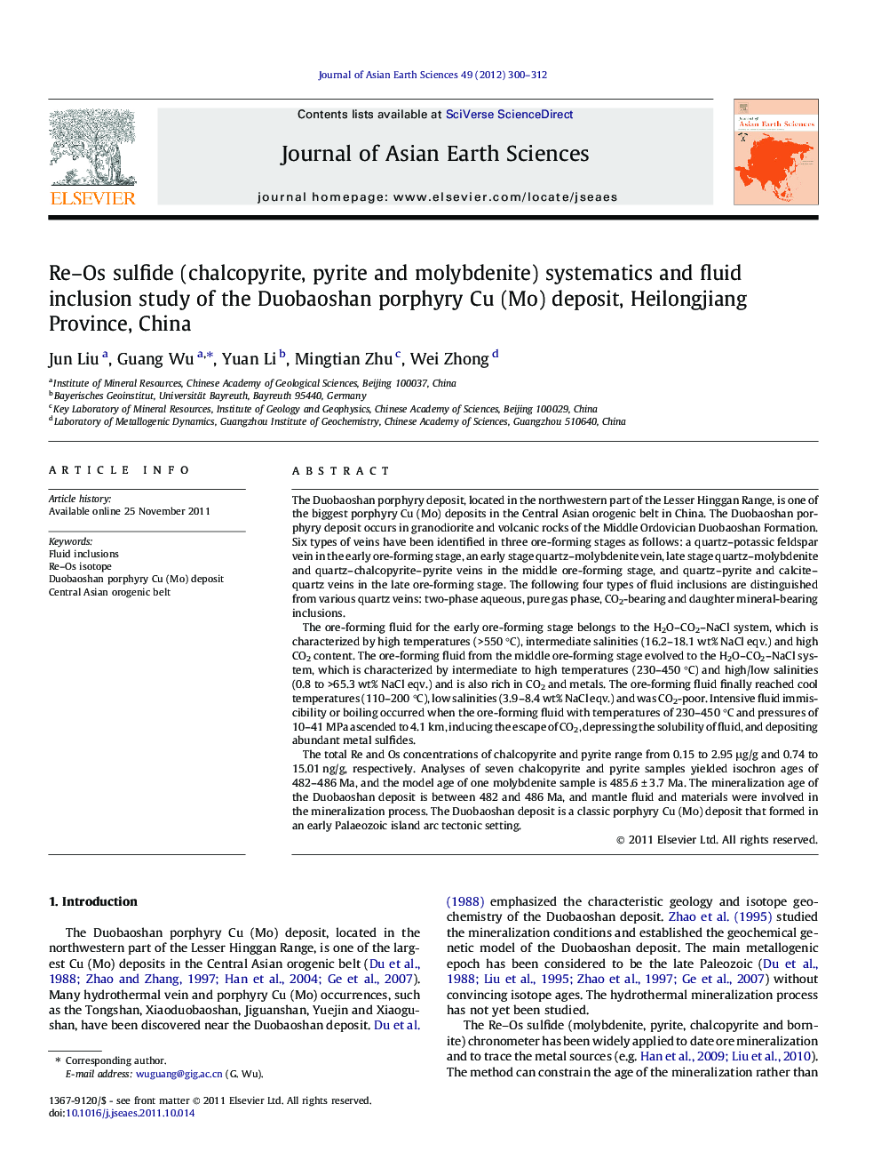 Re–Os sulfide (chalcopyrite, pyrite and molybdenite) systematics and fluid inclusion study of the Duobaoshan porphyry Cu (Mo) deposit, Heilongjiang Province, China