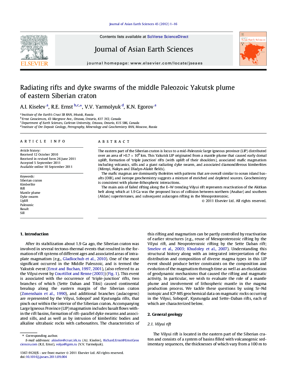 Radiating rifts and dyke swarms of the middle Paleozoic Yakutsk plume of eastern Siberian craton