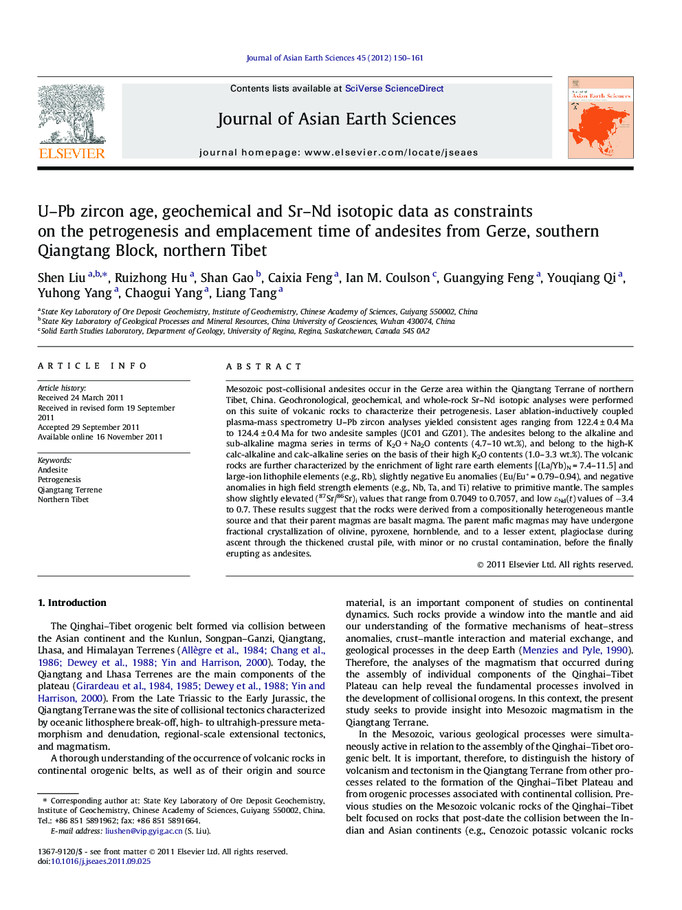 U–Pb zircon age, geochemical and Sr–Nd isotopic data as constraints on the petrogenesis and emplacement time of andesites from Gerze, southern Qiangtang Block, northern Tibet