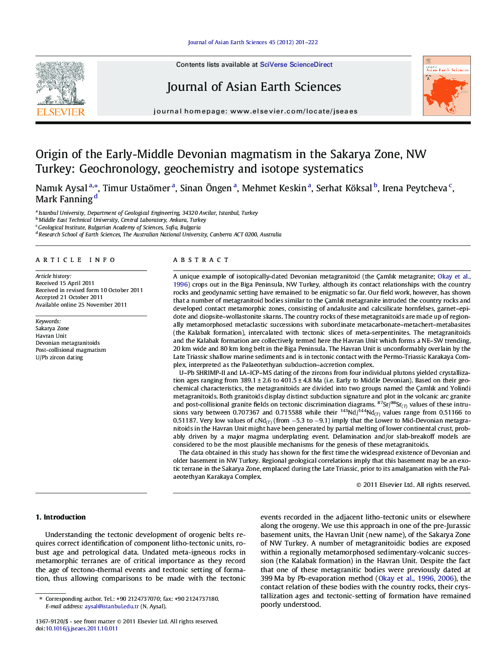 Origin of the Early-Middle Devonian magmatism in the Sakarya Zone, NW Turkey: Geochronology, geochemistry and isotope systematics