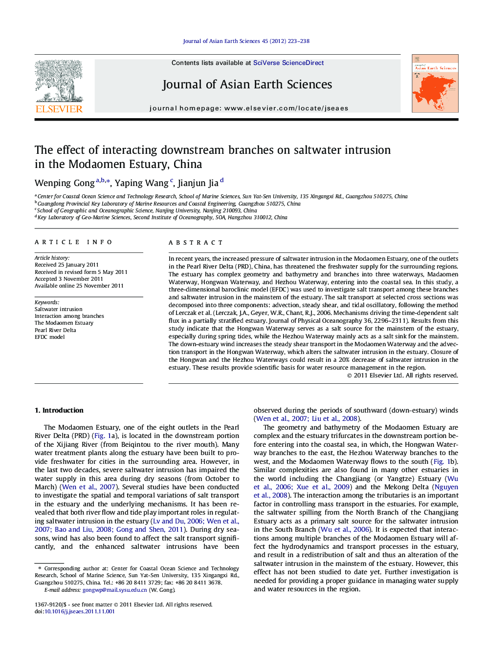 The effect of interacting downstream branches on saltwater intrusion in the Modaomen Estuary, China