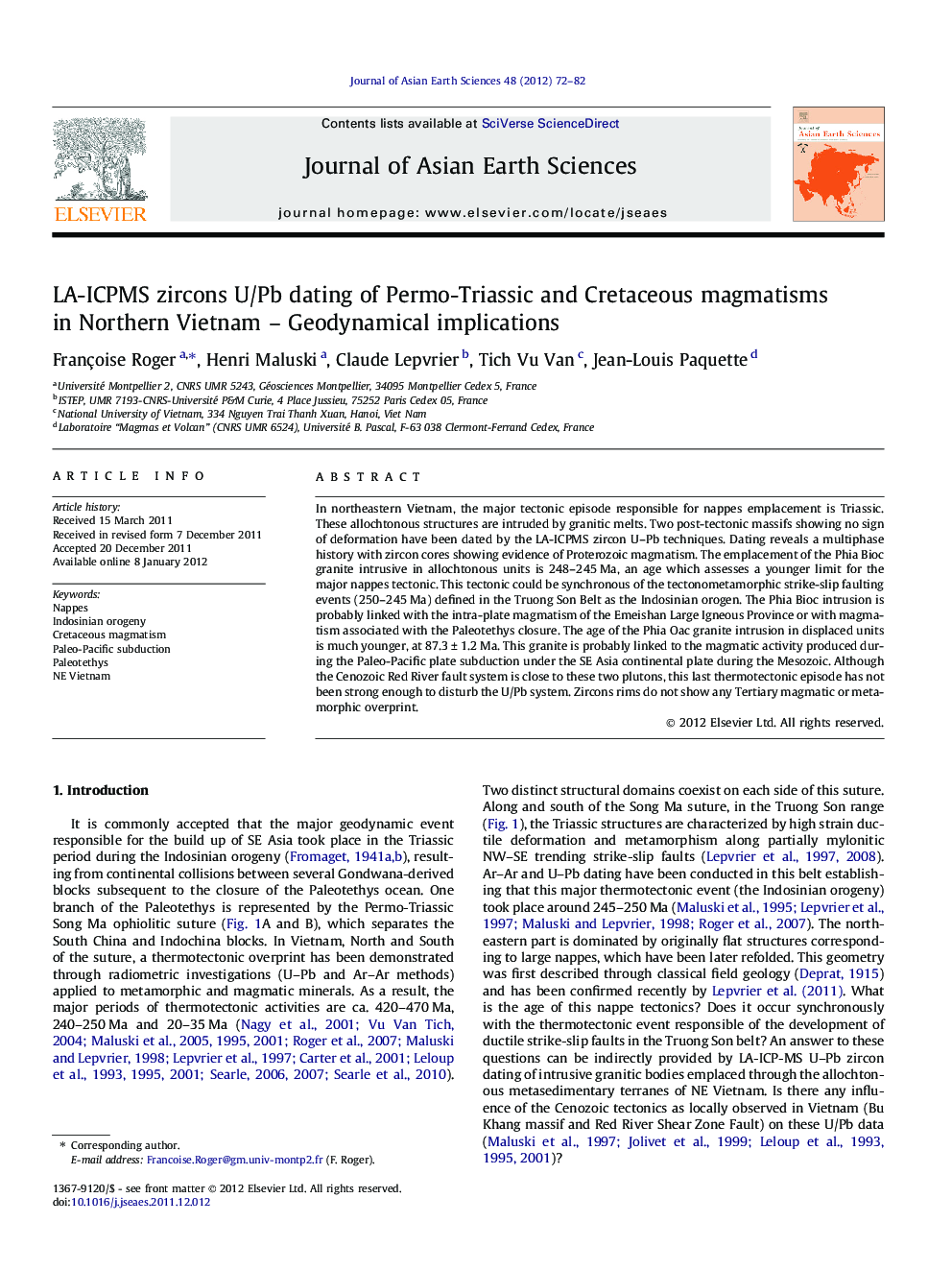 LA-ICPMS zircons U/Pb dating of Permo-Triassic and Cretaceous magmatisms in Northern Vietnam – Geodynamical implications