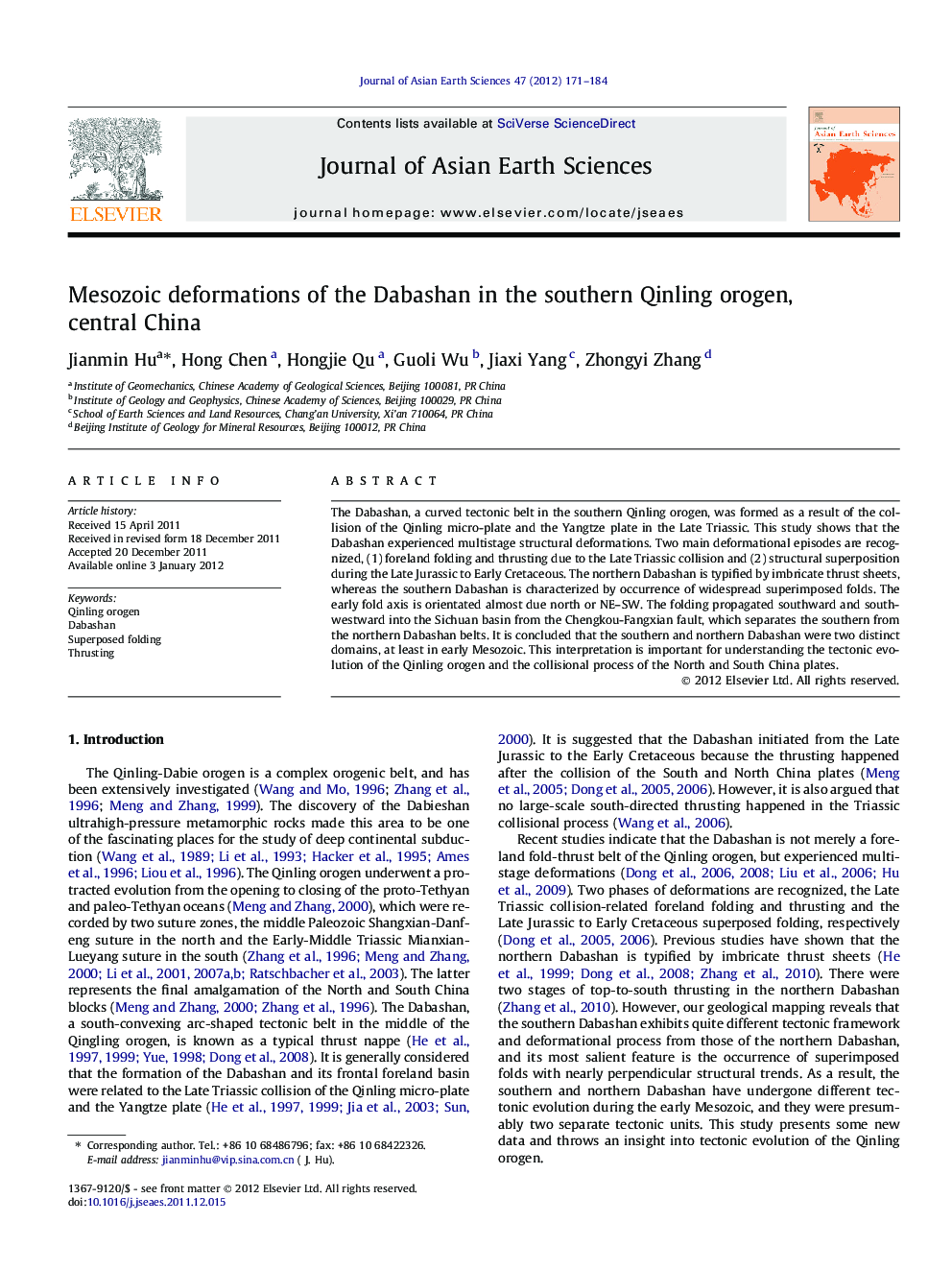 Mesozoic deformations of the Dabashan in the southern Qinling orogen, central China