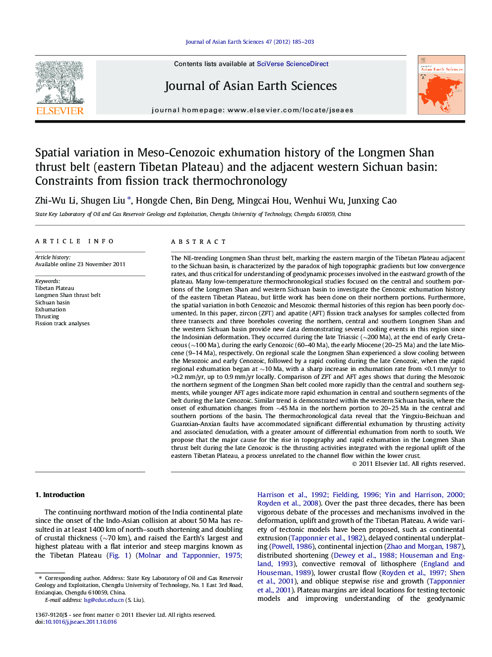 Spatial variation in Meso-Cenozoic exhumation history of the Longmen Shan thrust belt (eastern Tibetan Plateau) and the adjacent western Sichuan basin: Constraints from fission track thermochronology