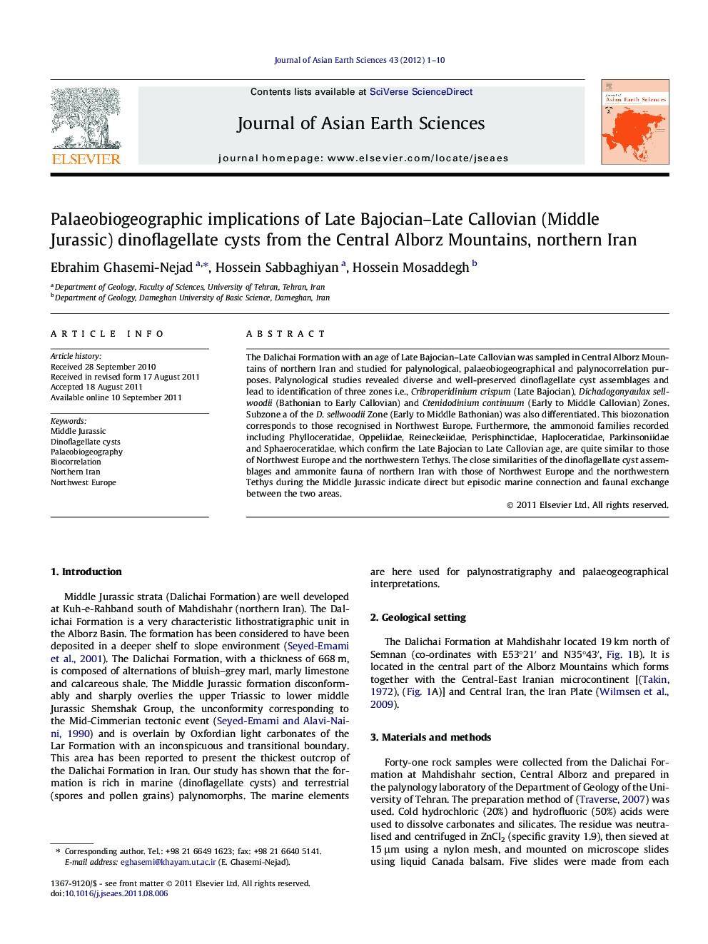 Palaeobiogeographic implications of Late Bajocian–Late Callovian (Middle Jurassic) dinoflagellate cysts from the Central Alborz Mountains, northern Iran