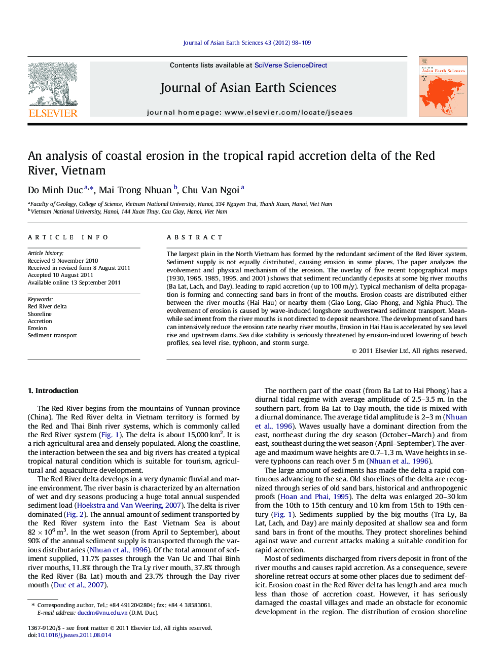 An analysis of coastal erosion in the tropical rapid accretion delta of the Red River, Vietnam