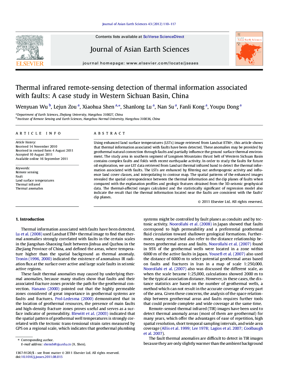 Thermal infrared remote-sensing detection of thermal information associated with faults: A case study in Western Sichuan Basin, China