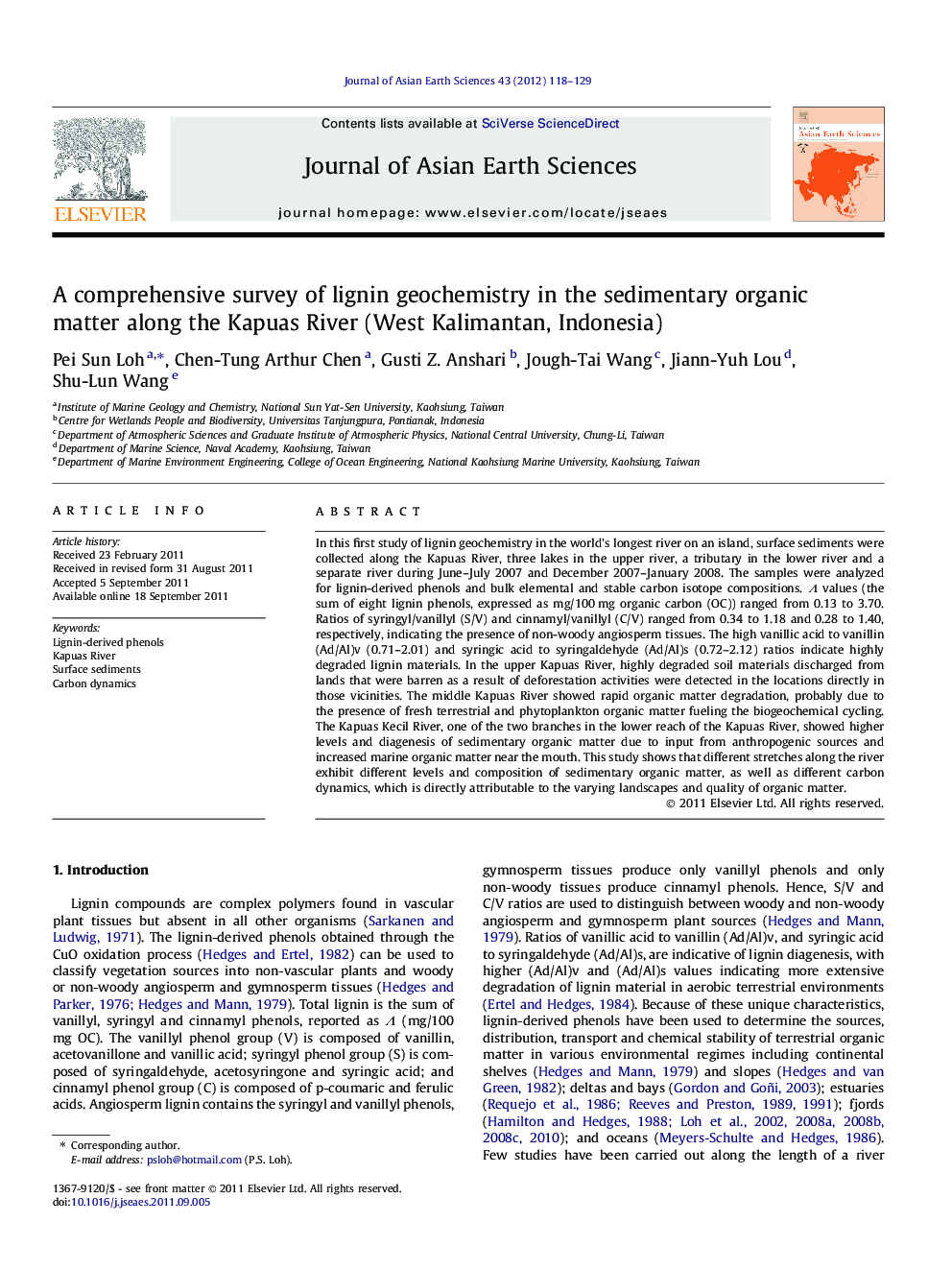A comprehensive survey of lignin geochemistry in the sedimentary organic matter along the Kapuas River (West Kalimantan, Indonesia)