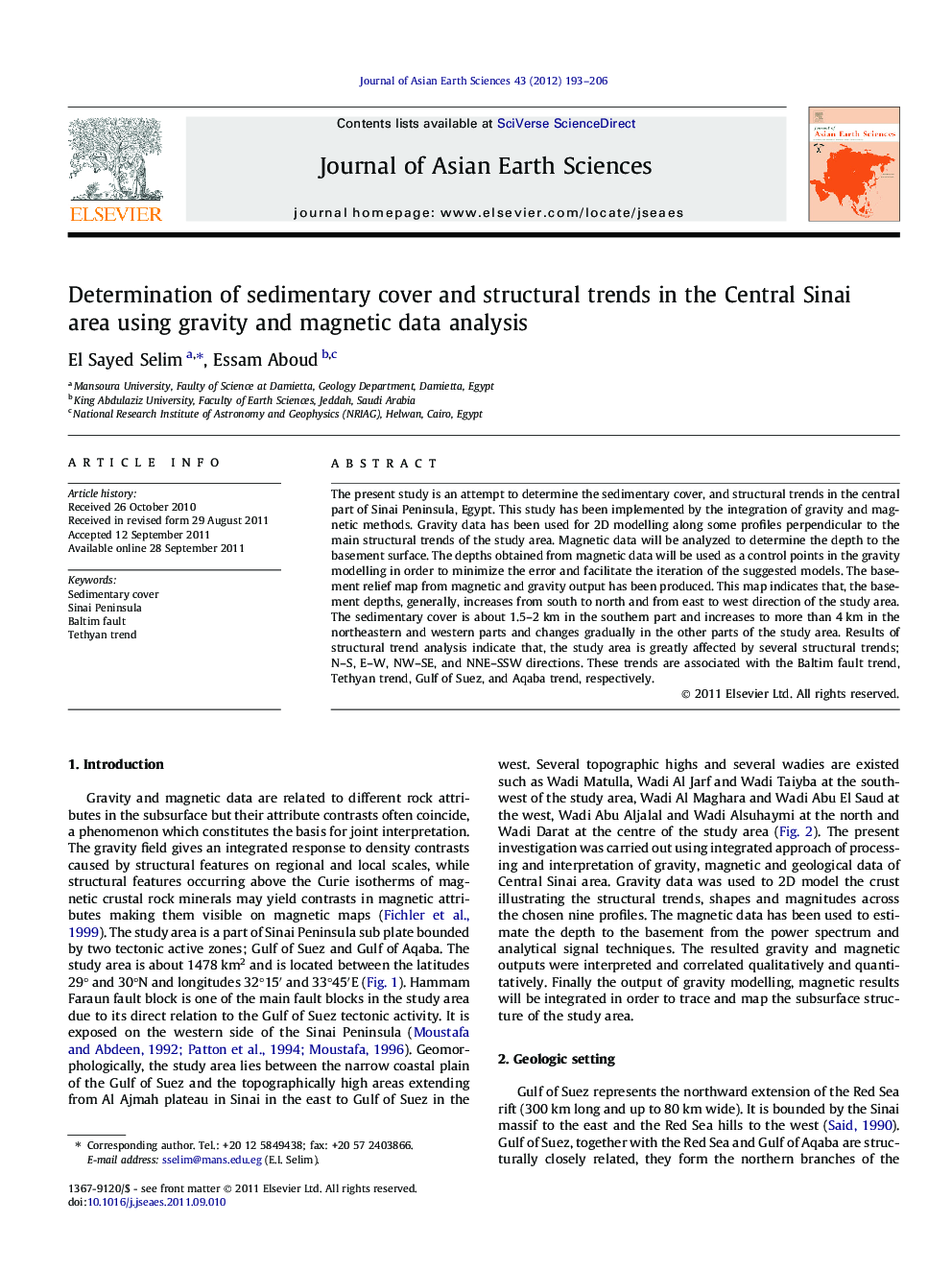 Determination of sedimentary cover and structural trends in the Central Sinai area using gravity and magnetic data analysis