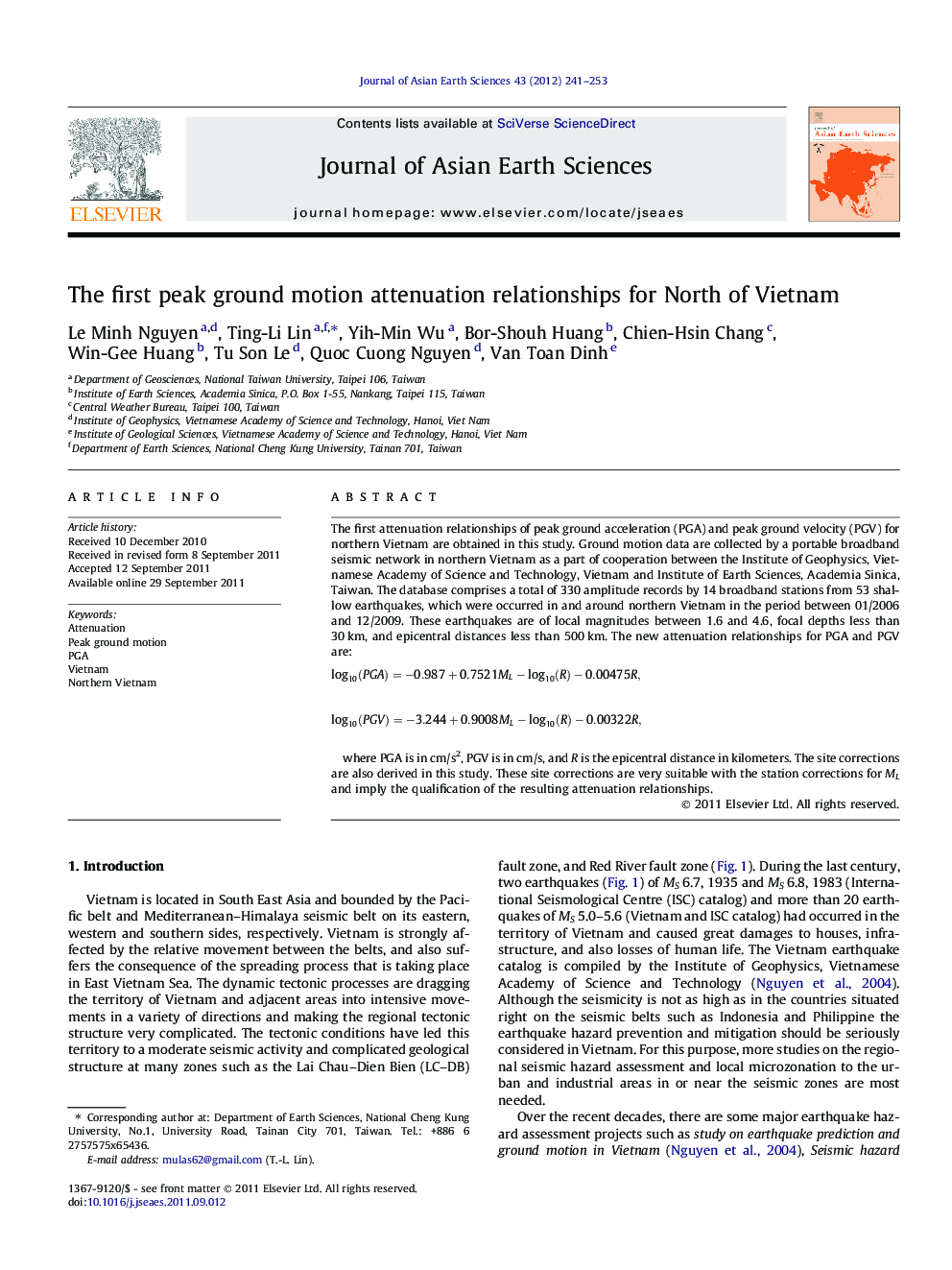 The first peak ground motion attenuation relationships for North of Vietnam