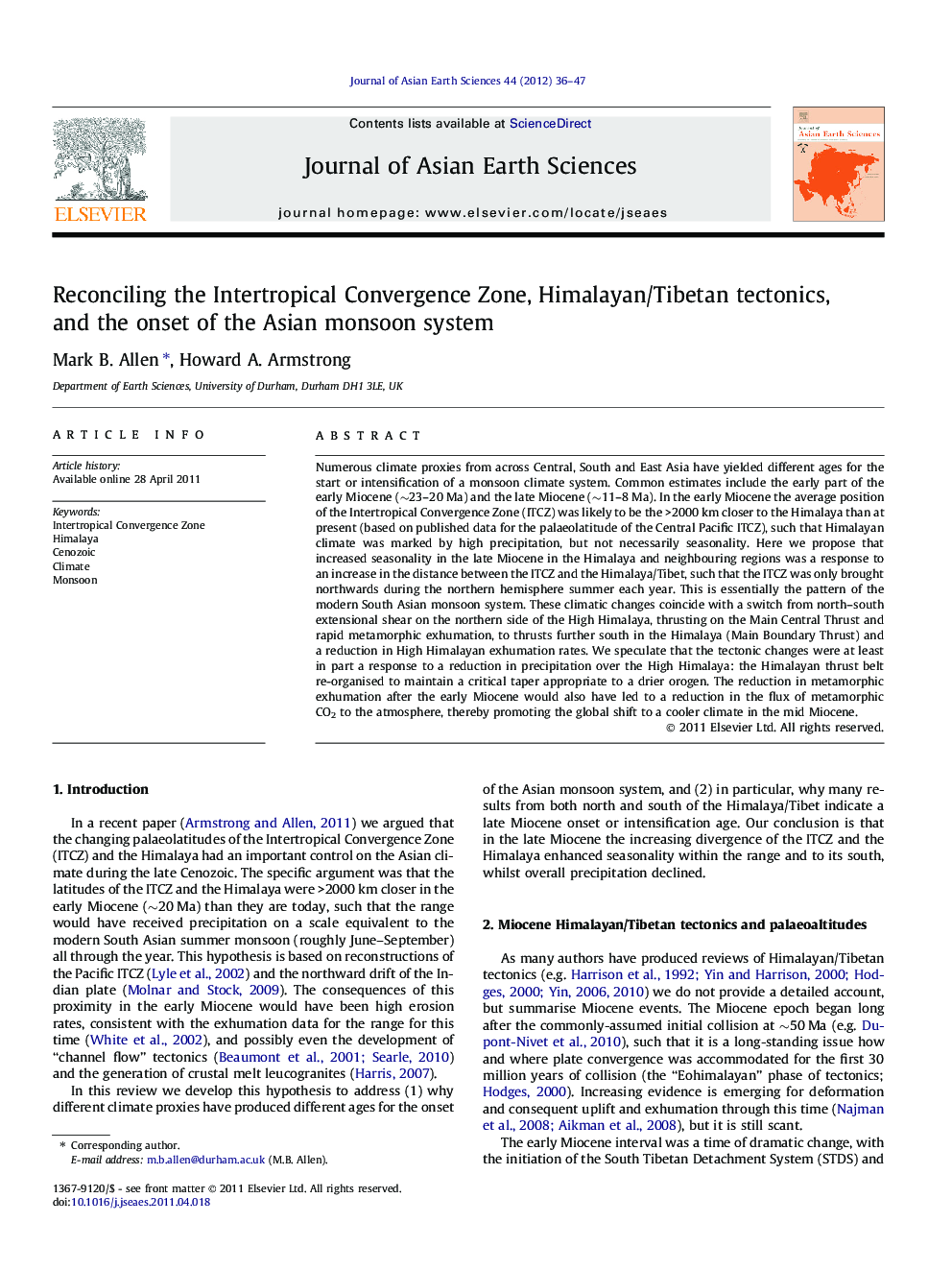 Reconciling the Intertropical Convergence Zone, Himalayan/Tibetan tectonics, and the onset of the Asian monsoon system