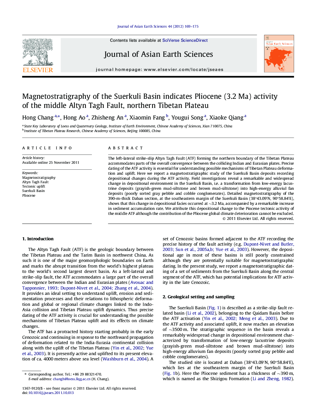 Magnetostratigraphy of the Suerkuli Basin indicates Pliocene (3.2Â Ma) activity of the middle Altyn Tagh Fault, northern Tibetan Plateau