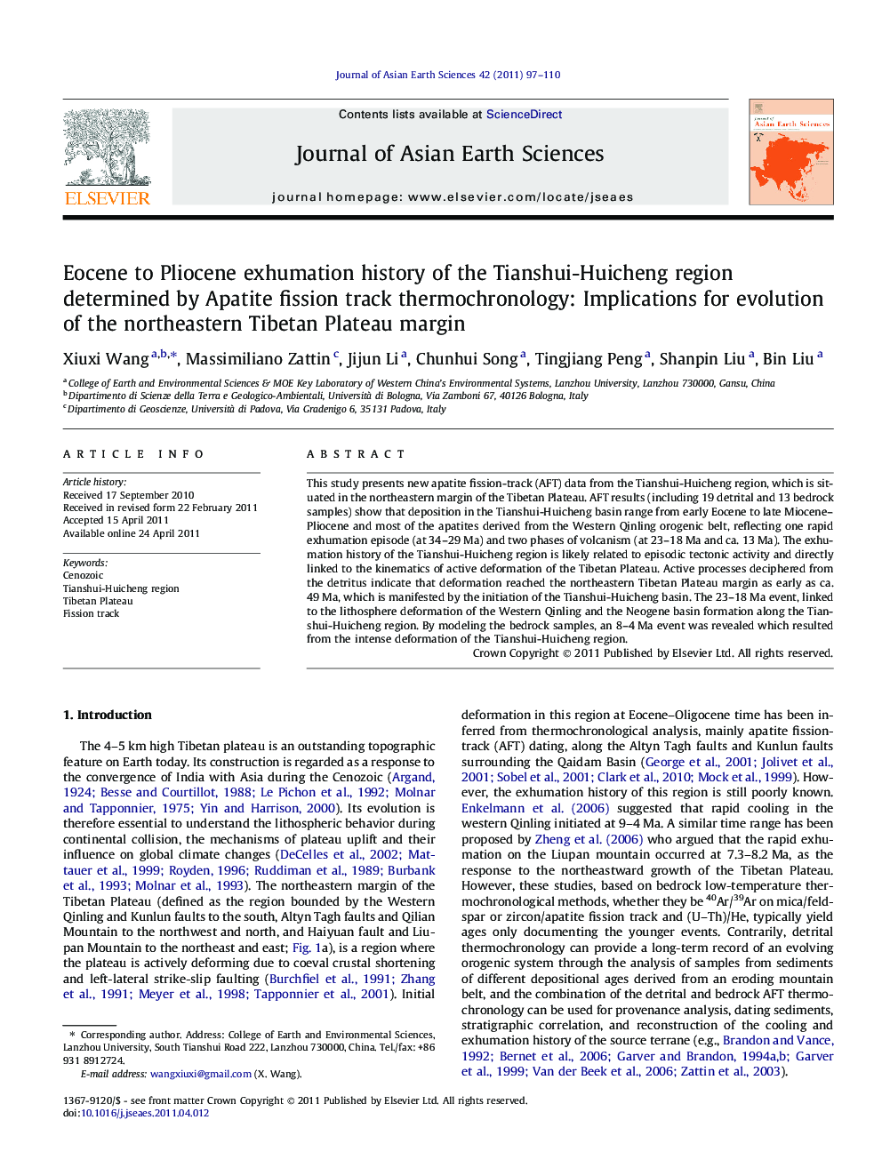 Eocene to Pliocene exhumation history of the Tianshui-Huicheng region determined by Apatite fission track thermochronology: Implications for evolution of the northeastern Tibetan Plateau margin