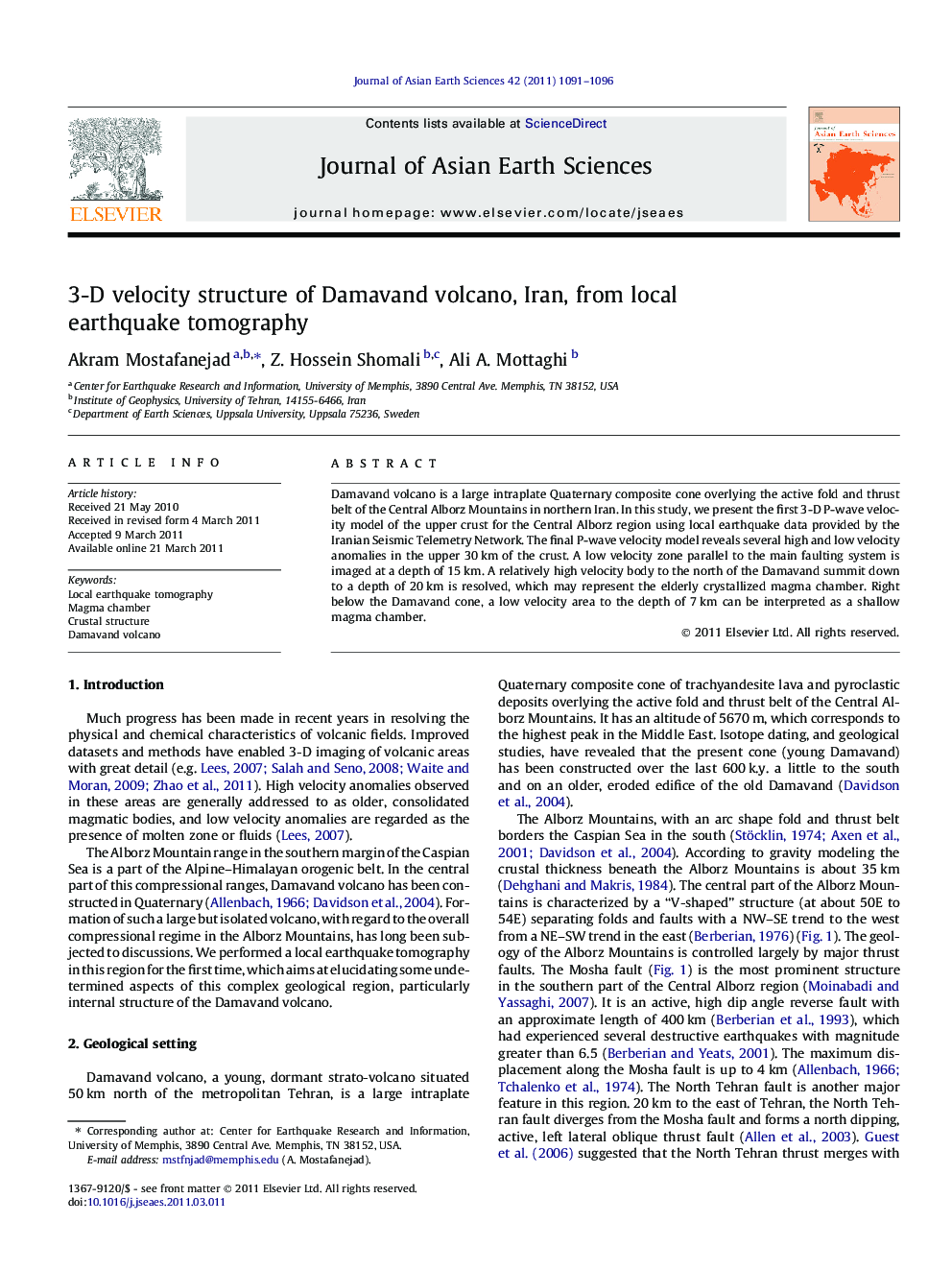 3-D velocity structure of Damavand volcano, Iran, from local earthquake tomography