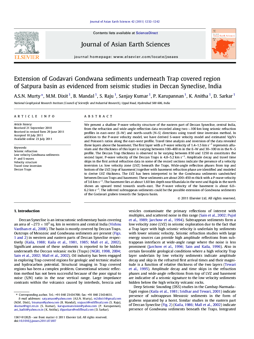 Extension of Godavari Gondwana sediments underneath Trap covered region of Satpura basin as evidenced from seismic studies in Deccan Syneclise, India