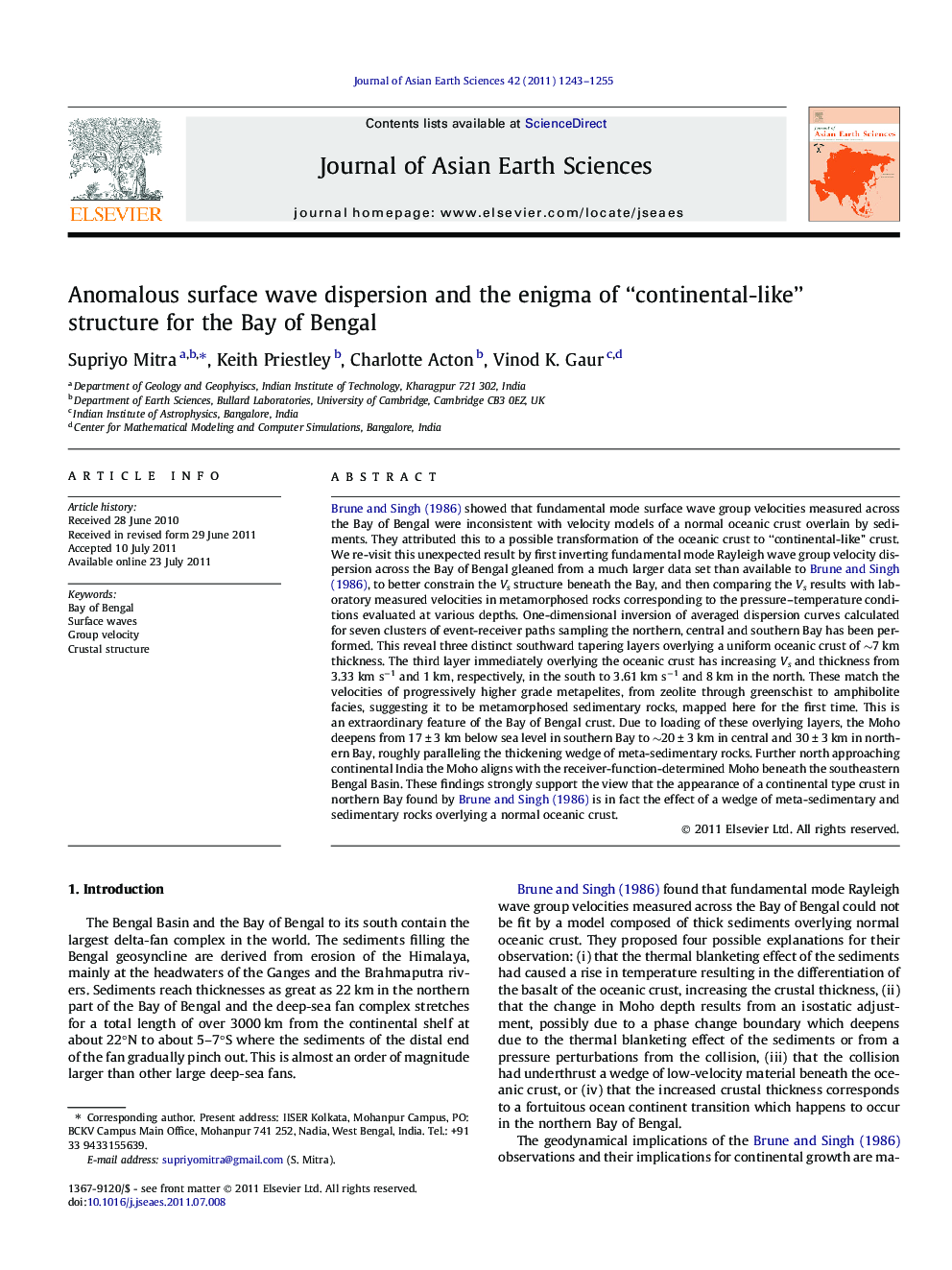 Anomalous surface wave dispersion and the enigma of “continental-like” structure for the Bay of Bengal