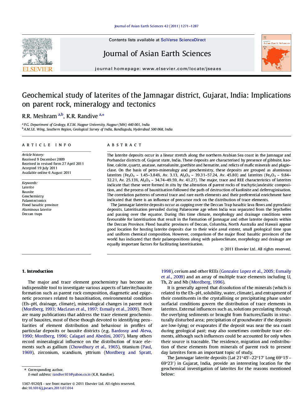 Geochemical study of laterites of the Jamnagar district, Gujarat, India: Implications on parent rock, mineralogy and tectonics