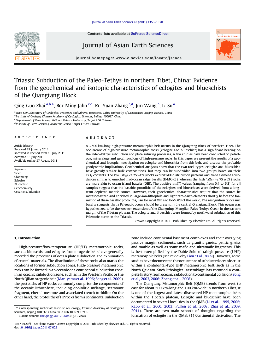 Triassic Subduction of the Paleo-Tethys in northern Tibet, China: Evidence from the geochemical and isotopic characteristics of eclogites and blueschists of the Qiangtang Block