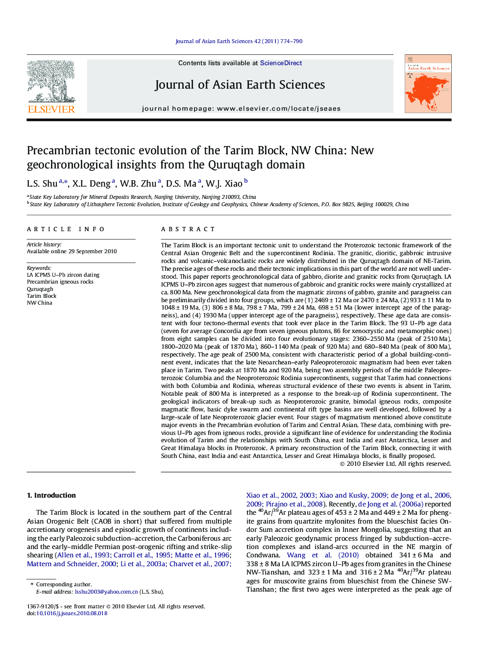 Precambrian tectonic evolution of the Tarim Block, NW China: New geochronological insights from the Quruqtagh domain