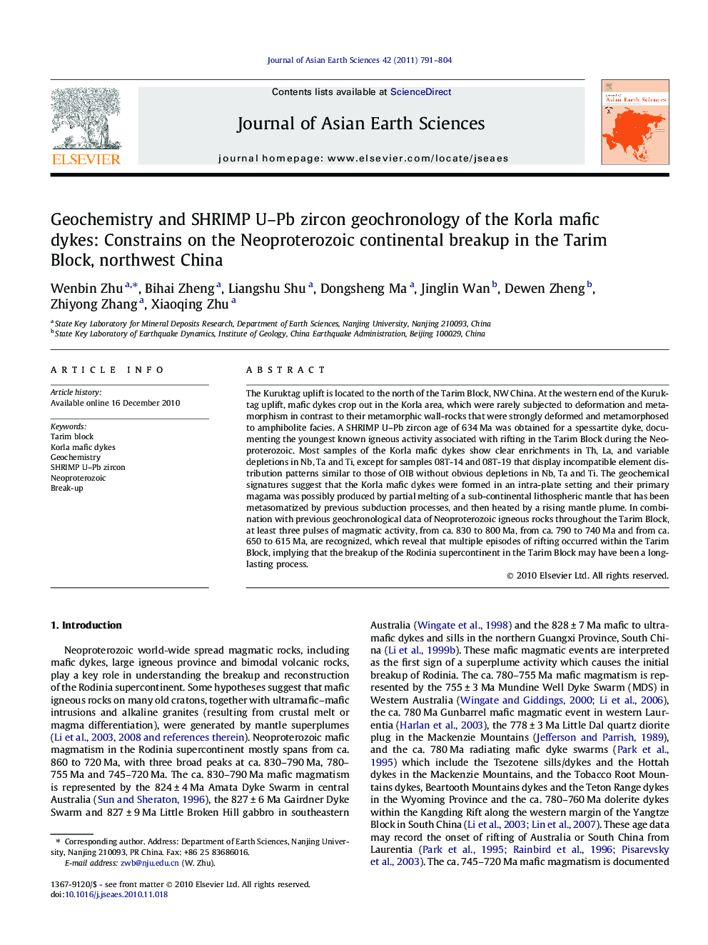 Geochemistry and SHRIMP U–Pb zircon geochronology of the Korla mafic dykes: Constrains on the Neoproterozoic continental breakup in the Tarim Block, northwest China