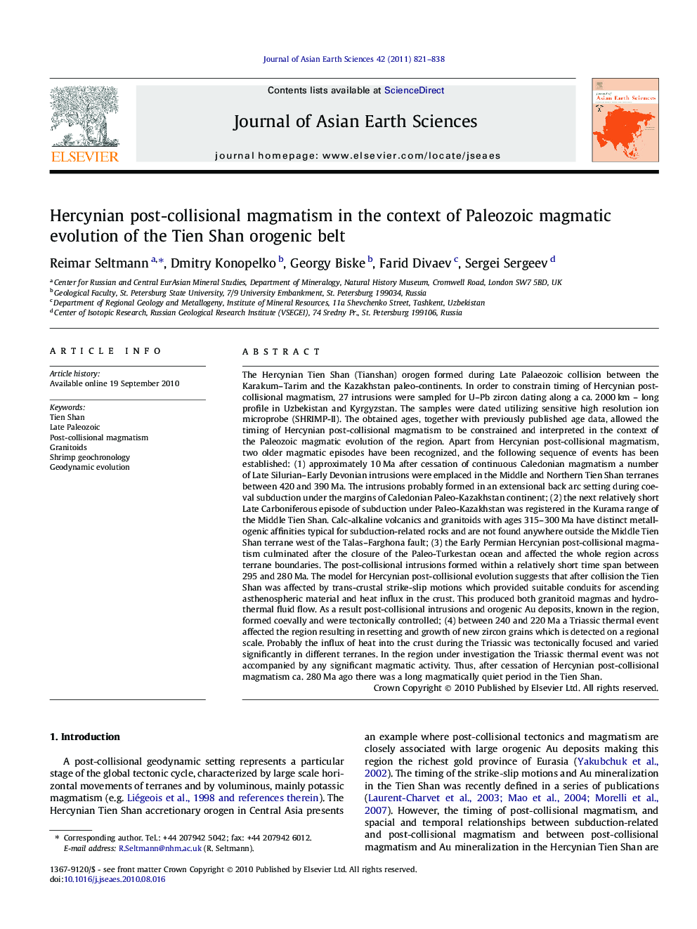 Hercynian post-collisional magmatism in the context of Paleozoic magmatic evolution of the Tien Shan orogenic belt