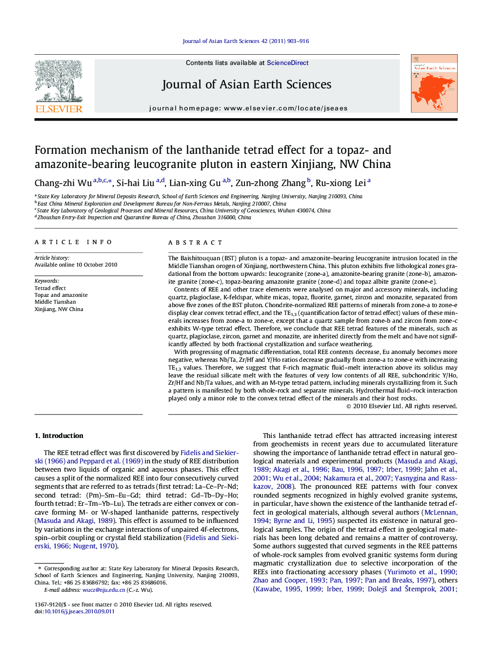 Formation mechanism of the lanthanide tetrad effect for a topaz- and amazonite-bearing leucogranite pluton in eastern Xinjiang, NW China